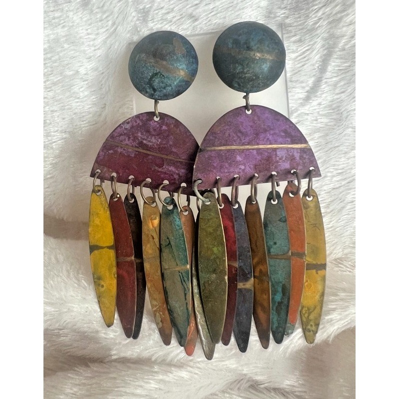 Vintage Patina Metal Earrings Fringe Multicolor Dangle Statement Boho 3.5